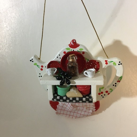 Rare One of A Kind Handmade TEAPOT CHRISTMAS ORNAMENT Wood 4" Collectible - Picture 6 of 9